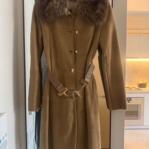 Gucci Tan Suede Coat with Raccoon Fur Collar Size XS